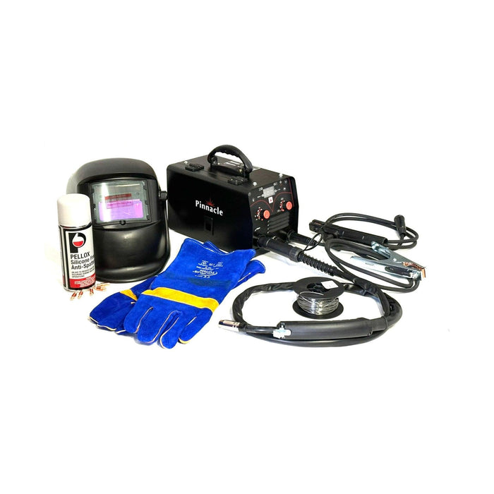 Pinnacle MIGARC 145 gasless MIG welder combo kit with MB15 torch, flux core wire, helmet, gloves, and accessories – 220V plug & play welding machine