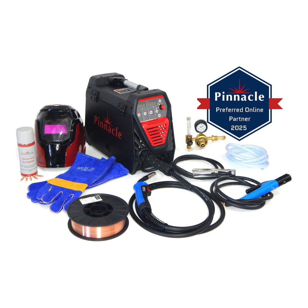 Pinnacle MIGARC 200 gas MIG welding machine combo kit with digital control panel, MB15 torch, flowmeter, helmet, gloves, and accessories – 220V multi process inverter welder for workshop use