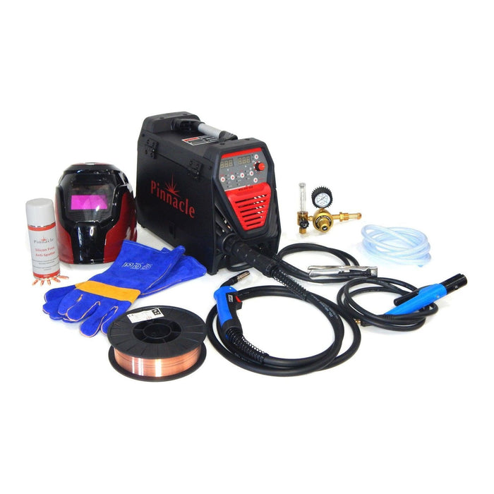 Pinnacle MIGARC 200 gas MIG welding machine combo kit with digital control panel, MB15 torch, flowmeter, helmet, gloves, and accessories – 220V multi process inverter welder for workshop use