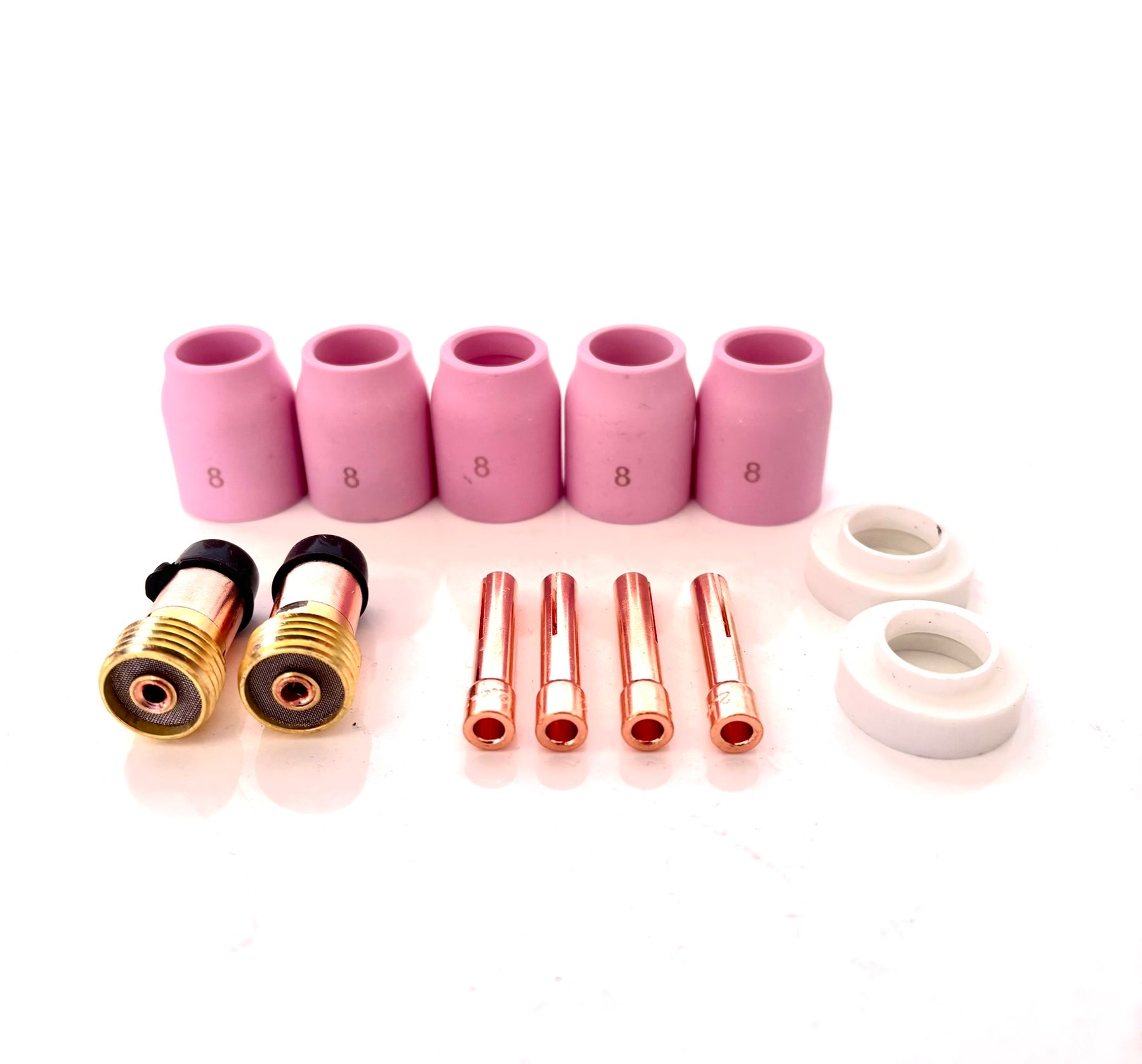 2.4mm Stubby Gas Lens TIG Kit with compact collet body, alumina nozzle, collet, and insulator. Designed for WP-17, WP-18, WP-26 torches to improve shielding gas coverage and arc stability in tight-access welds
