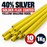 Ten yellow solder flux coated brazing rods arranged diagonally on a white background, with promotional text reading '40% SILVER SOLDER FLUX COATED YELLOW BRAZING RODS' and circular badges indicating '10 PACK' and '1Kg'.