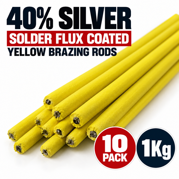 Ten yellow solder flux coated brazing rods arranged diagonally on a white background, with promotional text reading '40% SILVER SOLDER FLUX COATED YELLOW BRAZING RODS' and circular badges indicating '10 PACK' and '1Kg'.