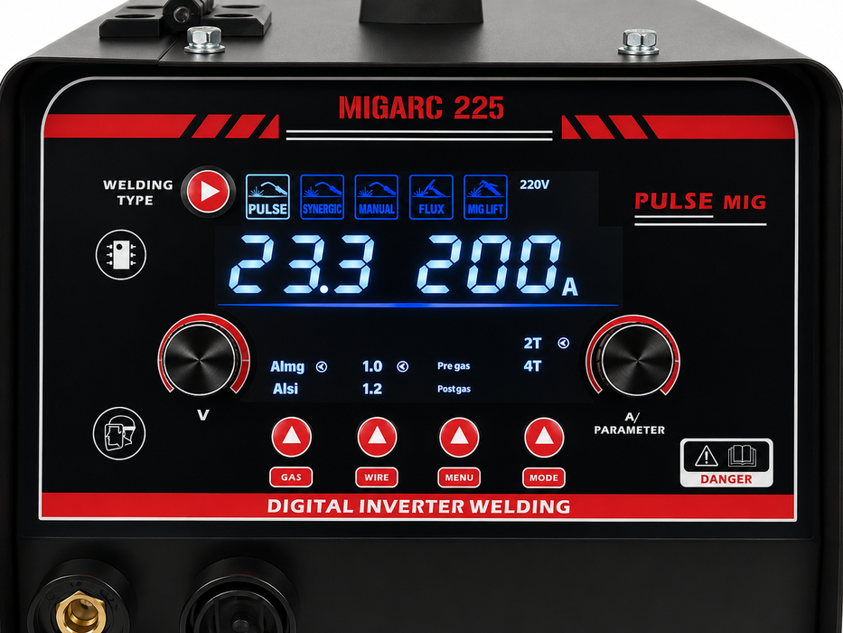 Pinnacle MIGARC 225 Pulse MIG Welder 200A 220V | Aluminium Pulse MIG, MIG, Gasless, MMA & Lift TIG Inverter Welder with Teflon Liner