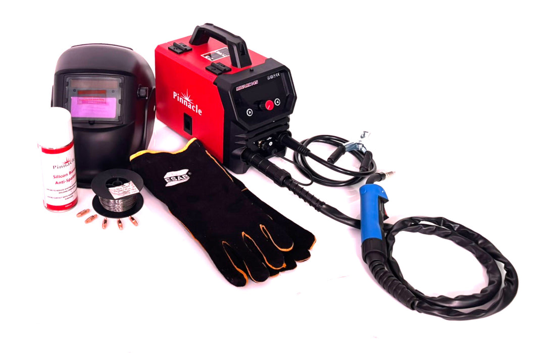 Pinnacle MIGARC 145 gasless MIG welder combo kit with MB15 torch, flux core wire, helmet, gloves, and accessories – 220V plug & play welding machine
