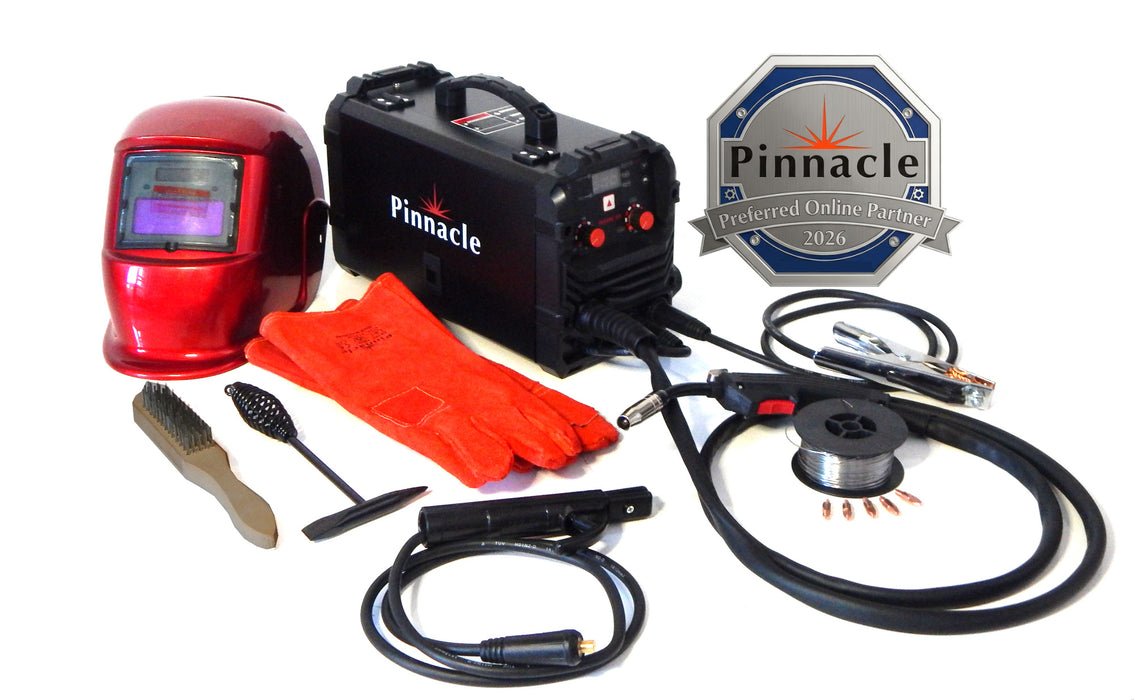 Pinnacle MIGARC 165 gasless MIG welder combo kit with MB15 torch, 1kg flux core wire, helmet, gloves, and accessories – 220V multi process welding machine