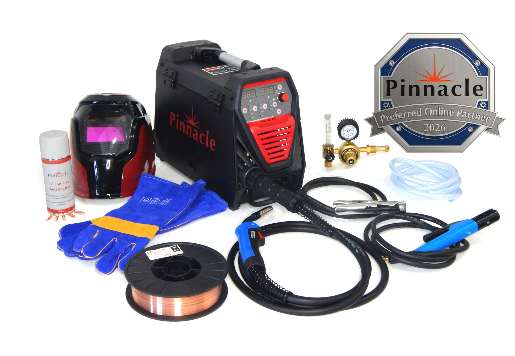 Pinnacle MIGARC 200 gas MIG welding machine combo kit with digital control panel, MB15 torch, flowmeter, helmet, gloves, and accessories – 220V multi process inverter welder for workshop use
