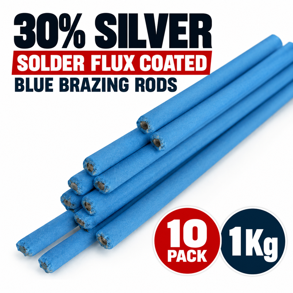 Ten blue solder flux coated brazing rods arranged diagonally on a white background, with text overlays reading '30% SILVER SOLDER FLUX COATED BLUE BRAZING RODS' and circular badges indicating '10 PACK' and '1Kg'.