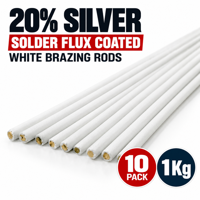 Ten white solder flux coated brazing rods arranged diagonally on a white background, with text overlays reading '20% SILVER', 'SOLDER FLUX COATED', 'WHITE BRAZING RODS', '10 PACK', and '1Kg'.