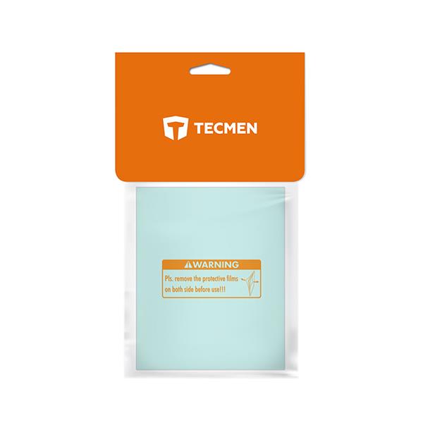 A TECMEN protective film sheet in a clear plastic sleeve with an orange header card. The film itself is a light mint green color, and the header card is bright orange with the white TECMEN logo.