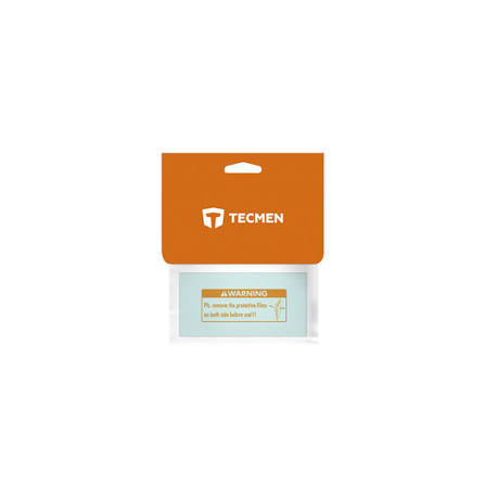 A single TECMEN protective film kit in its retail packaging, featuring an orange header card with the white TECMEN logo and a light blue warning label below.