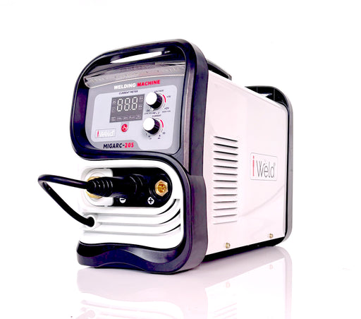 Front view of I-Weld MIGARC 205 Inverter MIG Welder with MIG torch and digital display