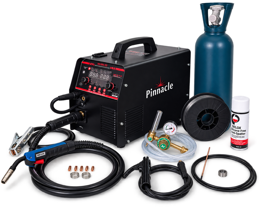 Pinnacle MIGARC 225 Pulse MIG Welder Aluminium Welding Combo – 200A MIG/MMA Welder with 10L Argon Cylinder, 4043 Aluminium Wire & Accessories